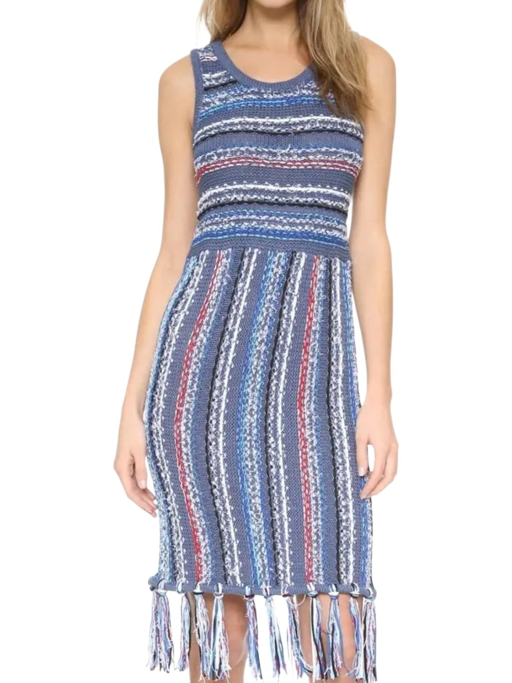 Derek Lam 10 Crosby Striped Blue Knit Fringe Midi Dress